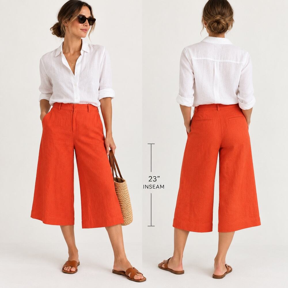 J.Crew Womens Size 10 Orange 100% Linen Wide Leg Crop Pants Culottes Coastal